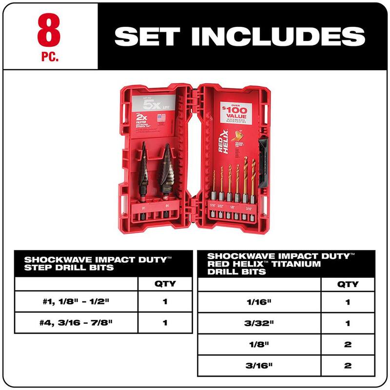 Juego de brocas escalonadas de titanio Milwaukee SHOCKWAVE Impact-Duty (8 piezas) - 48-89-9252.