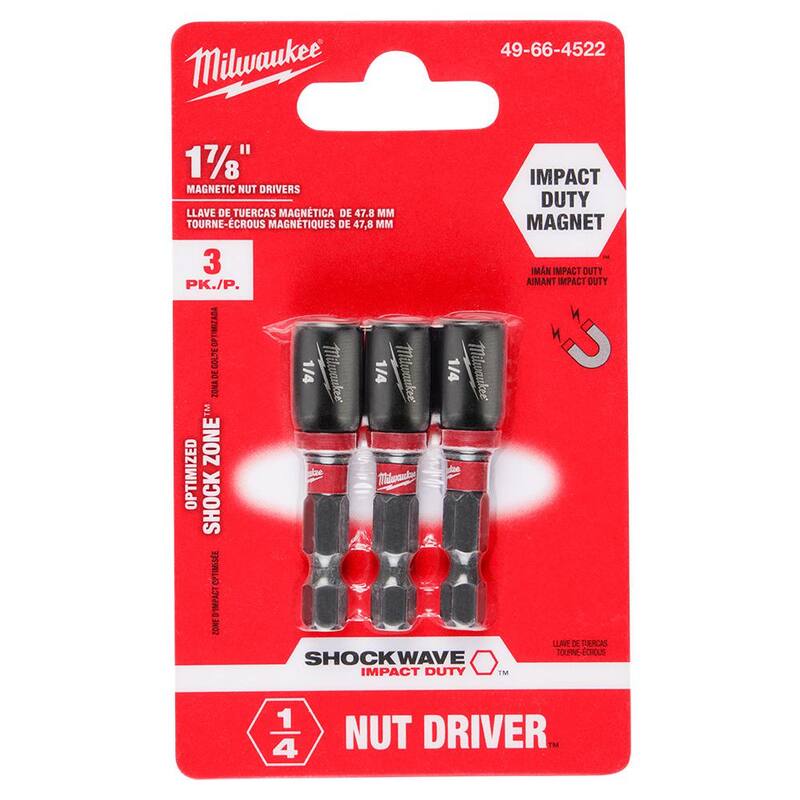 Milwaukee SHOCKWAVE Impact Duty 1/4 in. x 1-7/8 in. Alloy Steel Magnetic Nut Driver Bit (Paquete de 3) - 49-66-4522