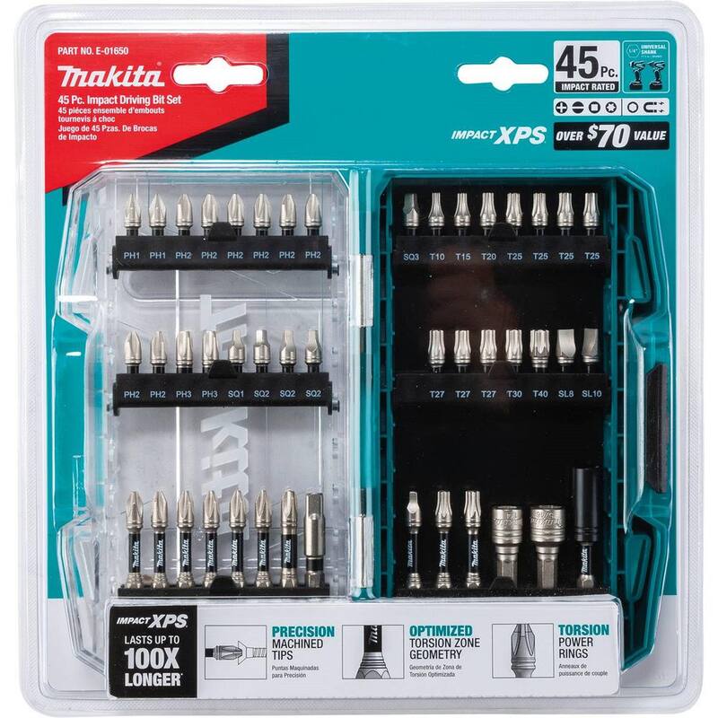 Juego de puntas de destornillador para taladro de acero de aleación clasificado para impacto de Makita (45 piezas) - E-01650