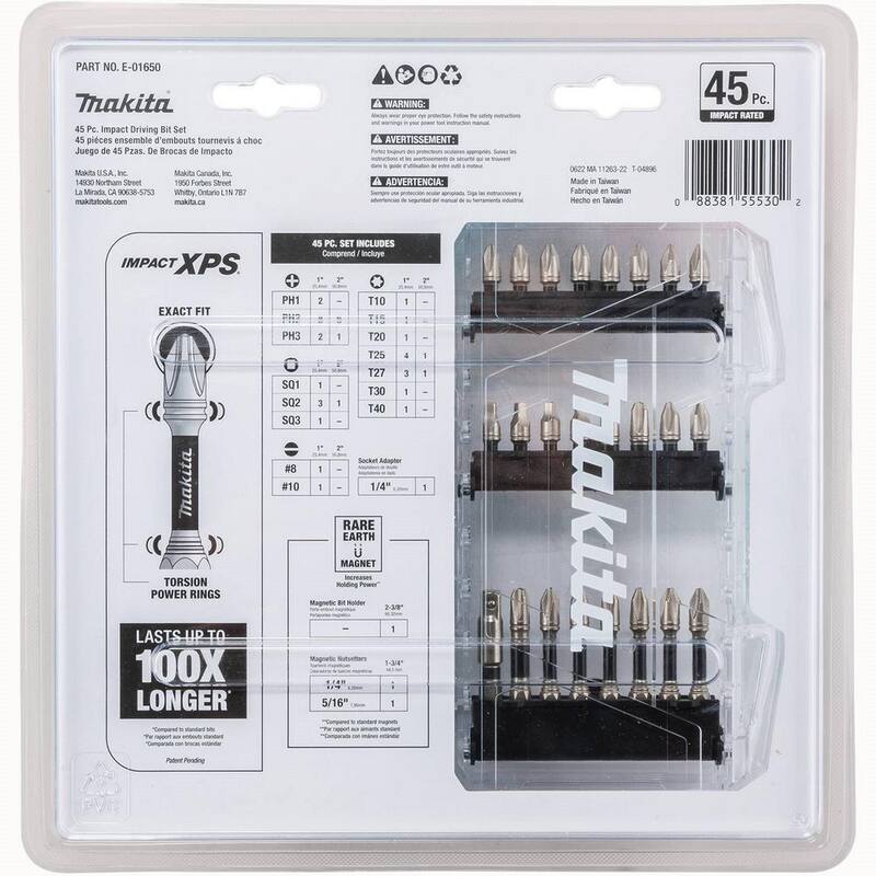 Juego de puntas de destornillador para taladro de acero de aleación clasificado para impacto de Makita (45 piezas) - E-01650