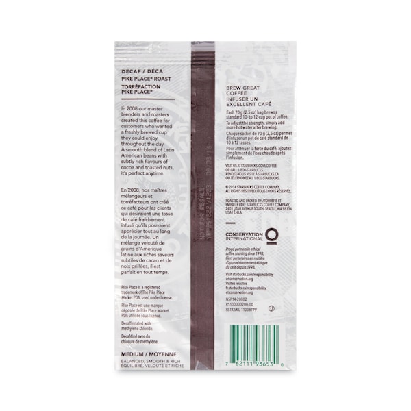 Starbucks Coffee, Pike Place Decaf, 2 1/2 oz Packet, PK18 - 011023061