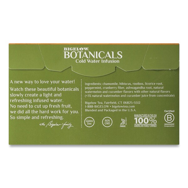 Bigelow Botanicals Watermelon Cucumber Mint Cold Water Herbal Infusion, 0.7 oz Tea Bag, PK18, 18PK - RCB39004