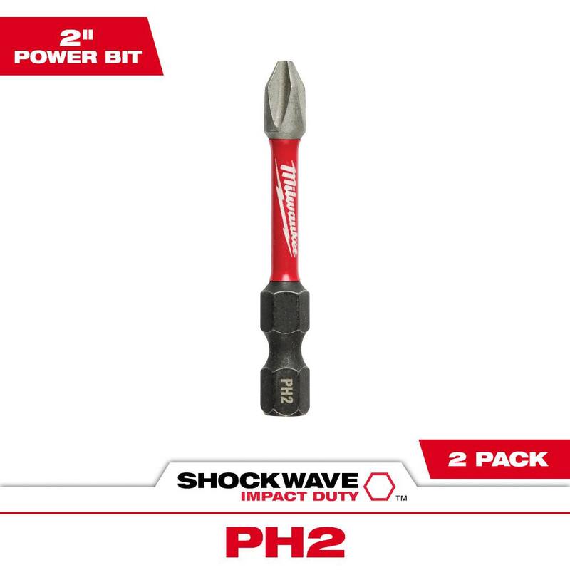 Punta de destornillador de aleación de acero Phillips #2 de 2 pulgadas de Milwaukee SHOCKWAVE Impact Duty (paquete de 2) - 48-32-4962