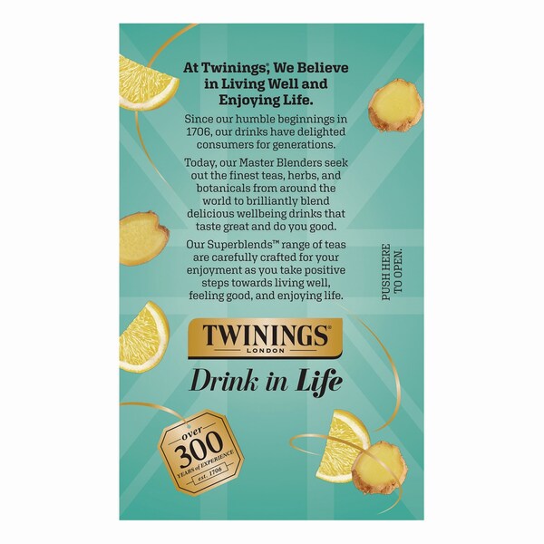 Twinings Probiotics Lemon and Ginger Herbal Tea Bags, 0.05 oz, 18PK - TNA95223