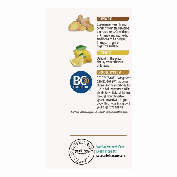 Twinings Probiotics Lemon and Ginger Herbal Tea Bags, 0.05 oz, 18PK - TNA95223