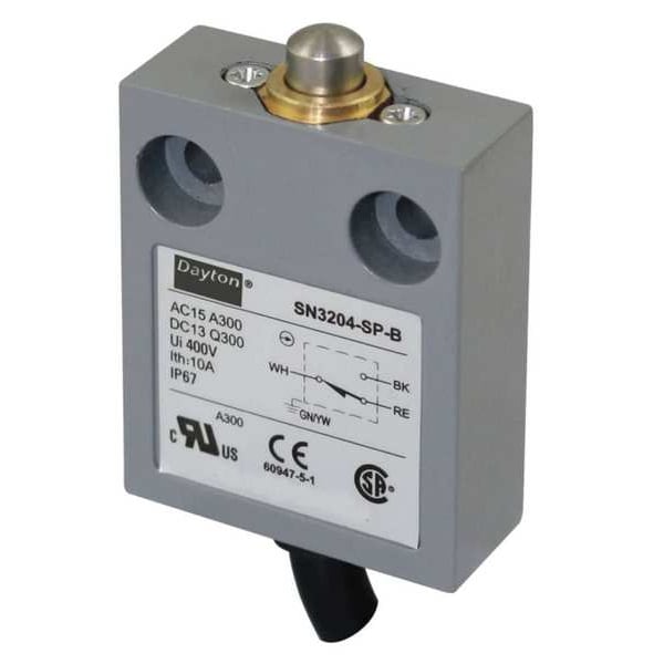Interruptor de límite Dayton, émbolo, SPDT, 10A a 300V CA, ubicación del actuador: Superior - 12T931