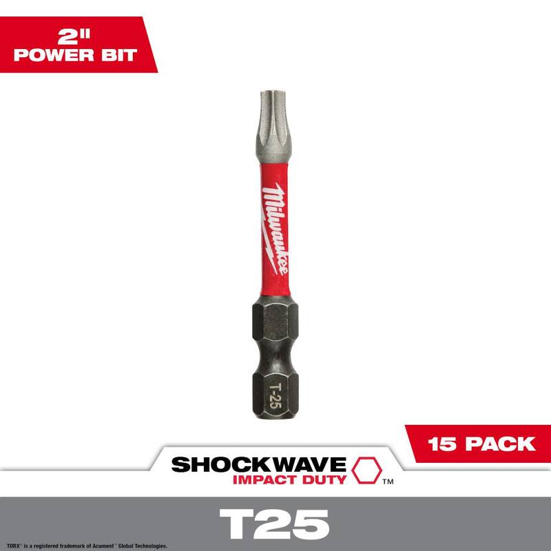 Punta de destornillador de acero de aleación Milwaukee SHOCKWAVE Impact Duty de 2 pulgadas T25 (paquete de 15) - 48-32-5015