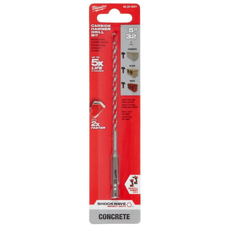 Broca de taladro para martillo de carburo SHOCKWAVE de Milwaukee de 5/32 pulg. x 4 pulg. x 6 pulg. para concreto, piedra, perforación en albañilería - 48-20-9001