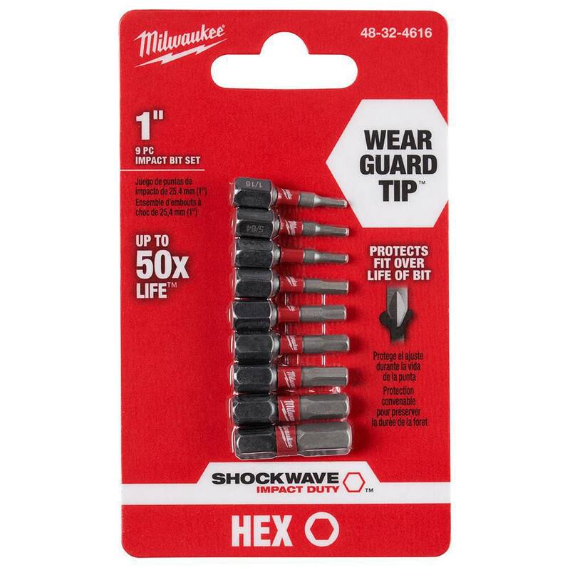 Set de puntas de desarmador hexagonal de acero de aleación Milwaukee SHOCKWAVE Impact Duty (9 piezas) - 48-32-4616