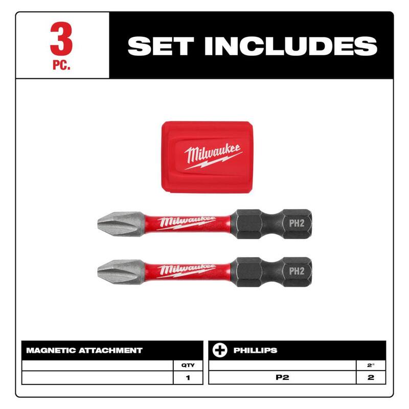 Juego de puntas PH2 y accesorio magnético de acero de aleación de Impacto Milwaukee SHOCKWAVE (3 piezas) - 48-32-4550