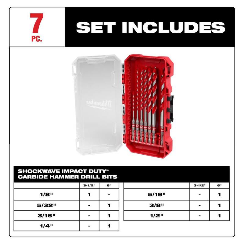 Juego de brocas para taladro de martillo de carburo Milwaukee SHOCKWAVE (7 piezas) para perforar concreto, piedra, albañilería - 48-20-9057