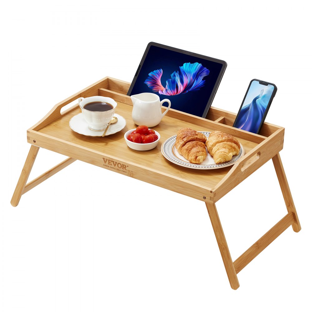 VEVOR Bed Tray Table with Foldable Legs & Media Slot, Bamboo Breakfast Tray for Sofa, Bed, Eating, Snacking, and Working, Serving Laptop Desk Tray TV Tray, Portable Food Snack Platter, 21.6" x 13.8" - ZCTP1JT21813VCVDUV0