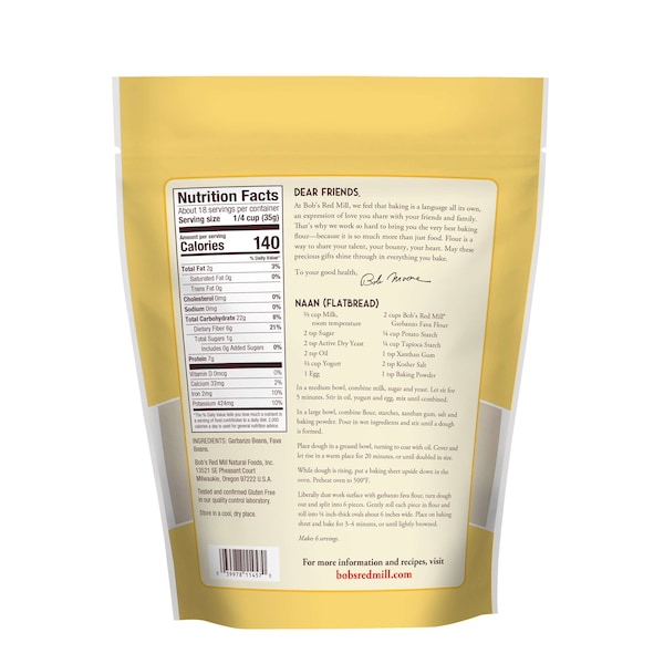 Bobs Red Mill Natural Foods Gluten Free Garbanzo And Fava Bean Flour 22 oz. Resealable Pouch, PK4 - 1605S224