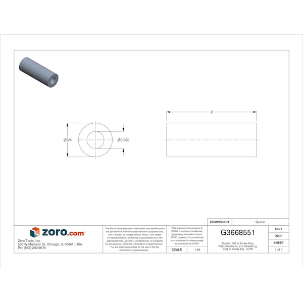 Zoro Select Spacer, 3/8 in Screw Size, Plain Aluminum, 2 in Overall Lg, 0.38 in Inside Dia, 10 PK - CRF123206GR