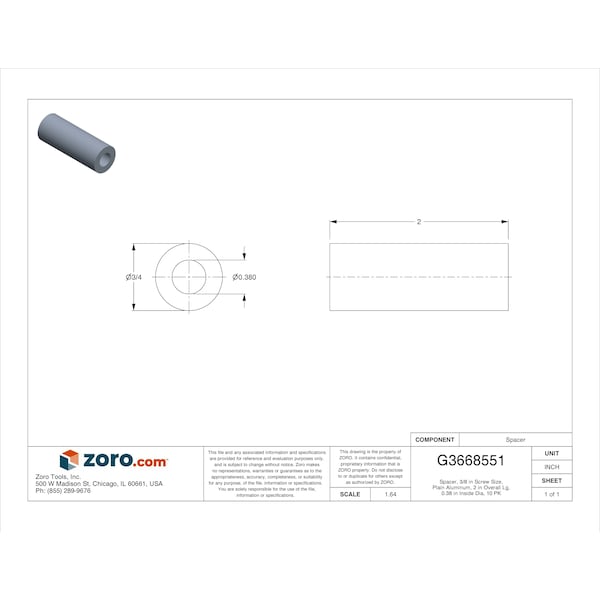 Zoro Select Spacer, 3/8 in Screw Size, Plain Aluminum, 2 in Overall Lg, 0.38 in Inside Dia, 10 PK - CRF123206GR