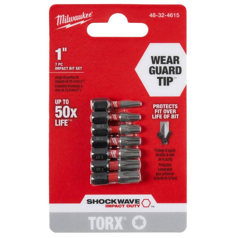 Juego de 7 puntas de inserción de acero de aleación Milwaukee SHOCKWAVE Impact Duty de 1 pulgada, Torx T15 - T40 - 48-32-4615