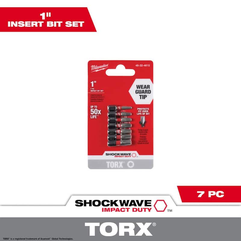 Juego de 7 puntas de inserción de acero de aleación Milwaukee SHOCKWAVE Impact Duty de 1 pulgada, Torx T15 - T40 - 48-32-4615