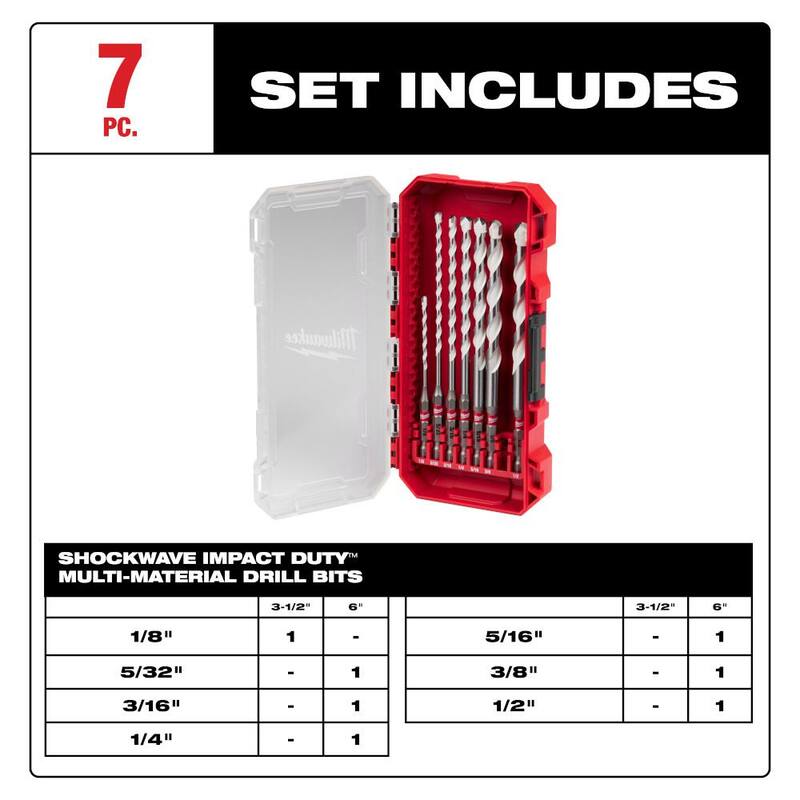 Juego de brocas de percusión de carburo para materiales múltiples Milwaukee SHOCKWAVE (7 piezas) - 48-20-8899