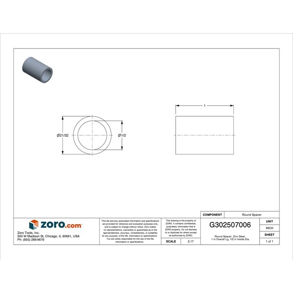 Midwest Fastener Round Spacer, Zinc Steel, 1 in Overall Lg, 1/2 in Inside Dia, 5 PK - 71966