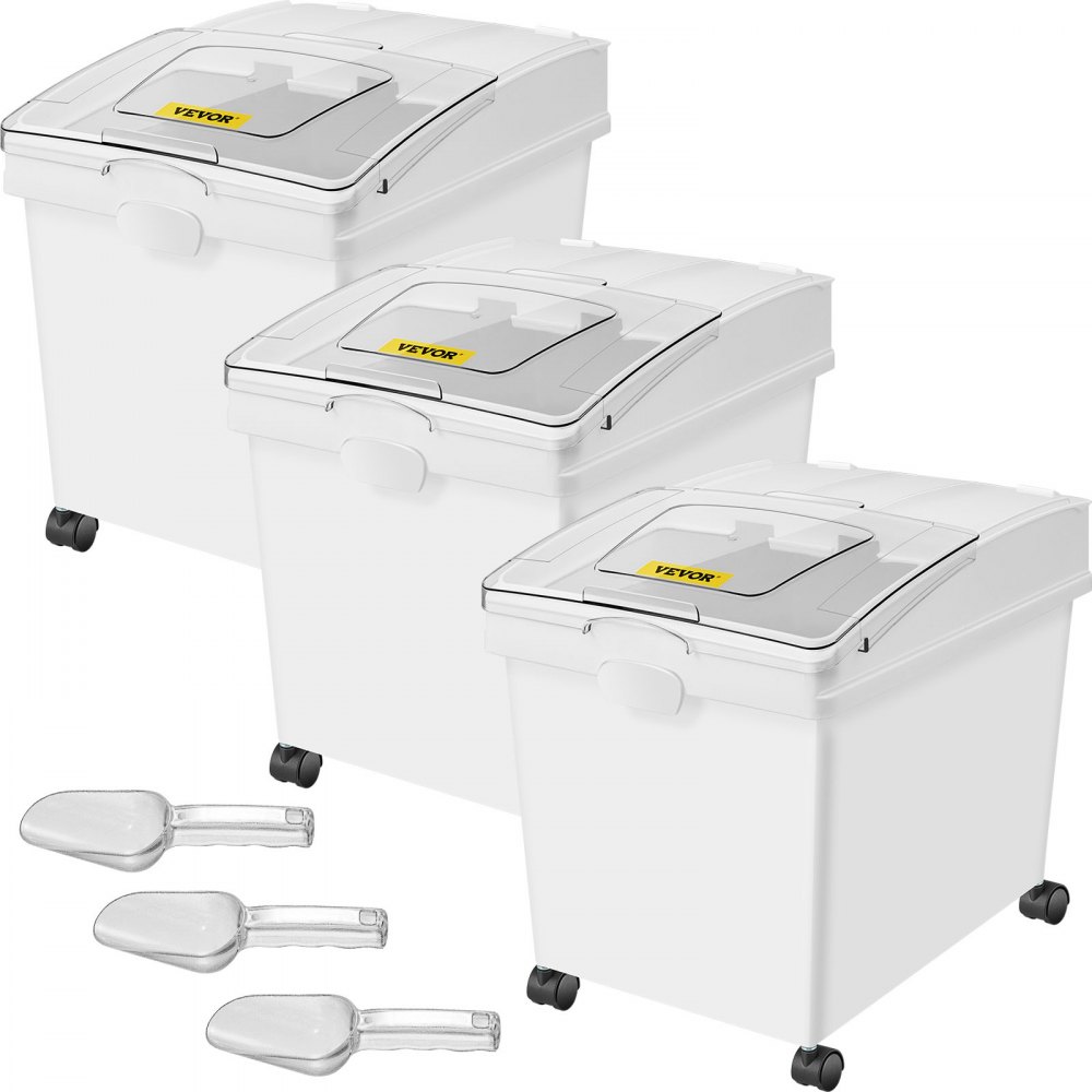 VEVOR Ingredient Bin, 10.5 Gallons Capacity Ingredient Storage Bin, PP Material Flour Bins On Wheels, White Shelf Ingredient Bin with Scoop and Sliding Lid, Commercial Storage Bins 3 Pcs/Set - MX40QKSGM00000001V0