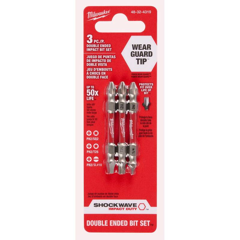 Puntas dobles de acero de aleación Milwaukee SHOCKWAVE Impact Duty PH2/SQ2/T25 (juego de 3 piezas) - 48-32-4319