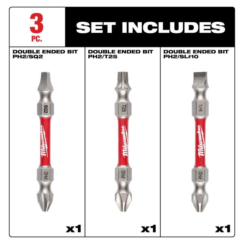 Puntas dobles de acero de aleación Milwaukee SHOCKWAVE Impact Duty PH2/SQ2/T25 (juego de 3 piezas) - 48-32-4319