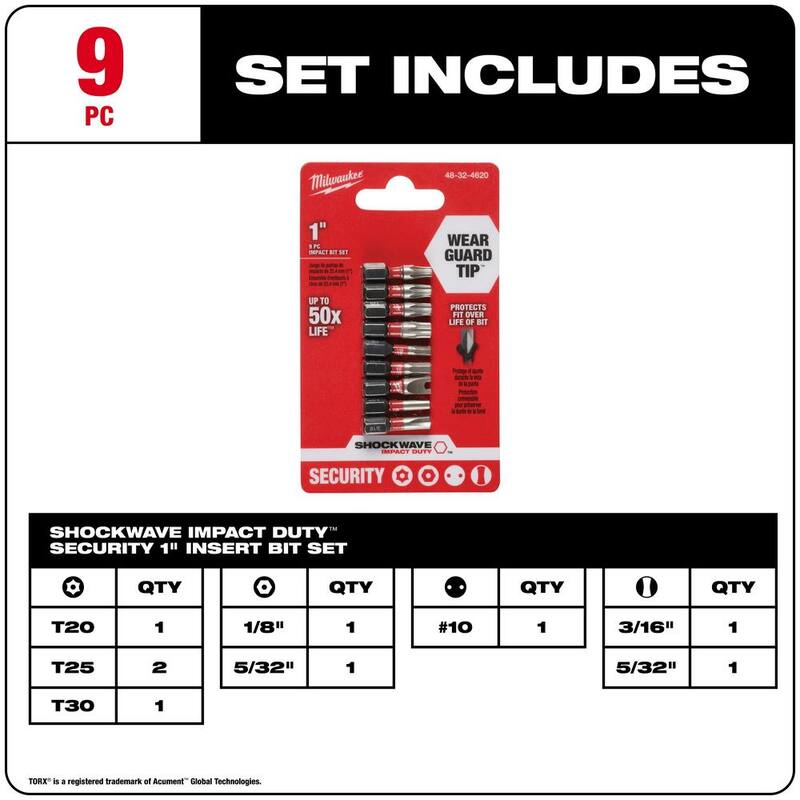 Juego de puntas de desarmador de seguridad de acero de aleación Milwaukee SHOCKWAVE Impact Duty (9 piezas) - 48-32-4620.