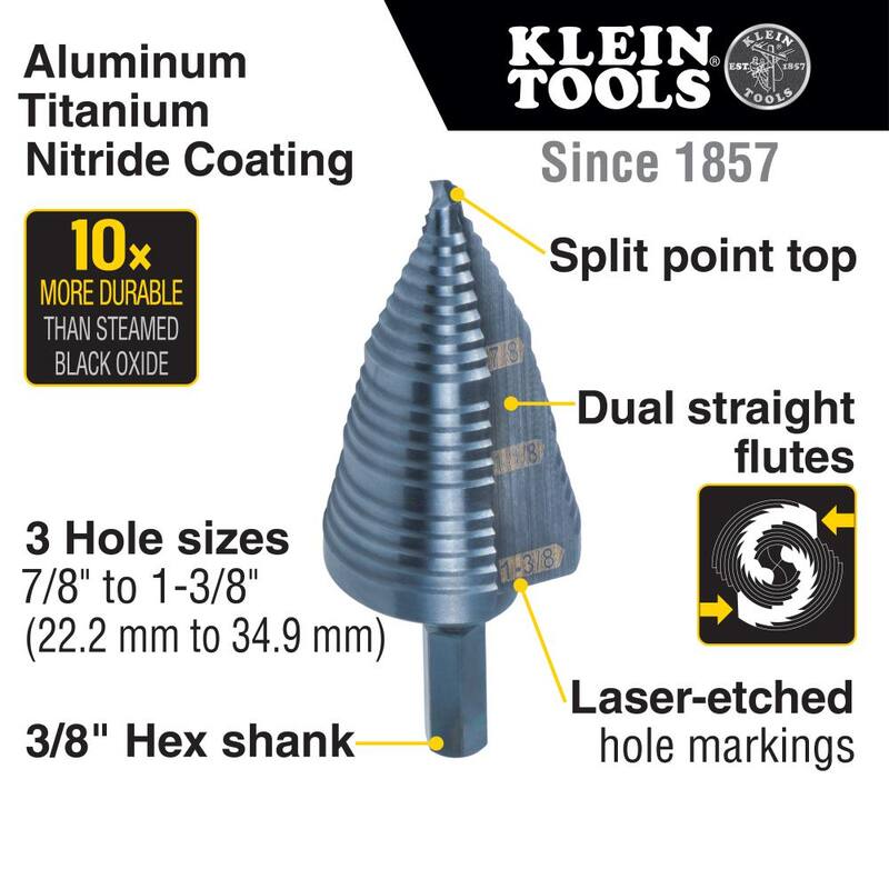 Broca de paso de 3 pasos Klein Tools, de doble flauta, de 7/8 pulgadas a 1-3/8 pulgadas - KTSB15