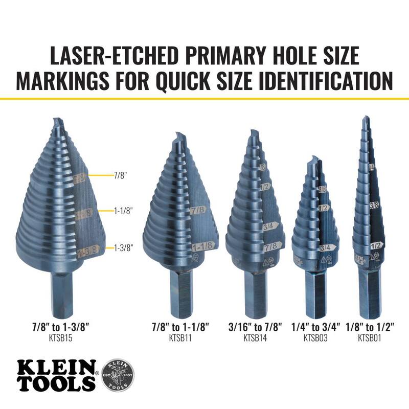 Broca de paso de 3 pasos Klein Tools, de doble flauta, de 7/8 pulgadas a 1-3/8 pulgadas - KTSB15