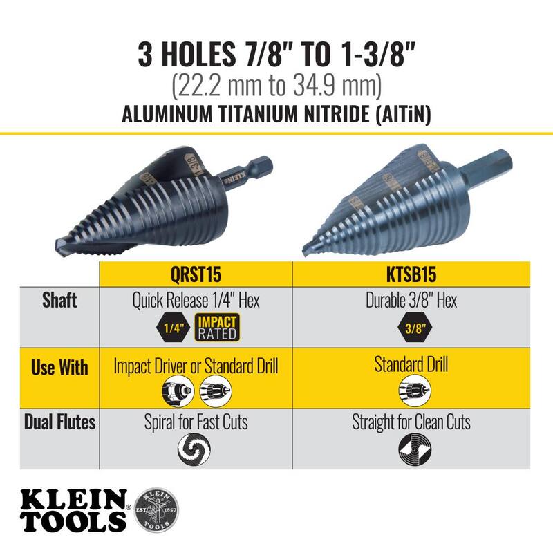 Broca de paso de 3 pasos Klein Tools, de doble flauta, de 7/8 pulgadas a 1-3/8 pulgadas - KTSB15