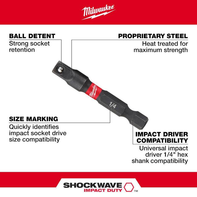 Adaptador de enchufe cuadrado de acero aleado de 1/4 de pulgada x 1/4 de pulgada de Milwaukee SHOCKWAVE Impact Duty - 48-32-5030.