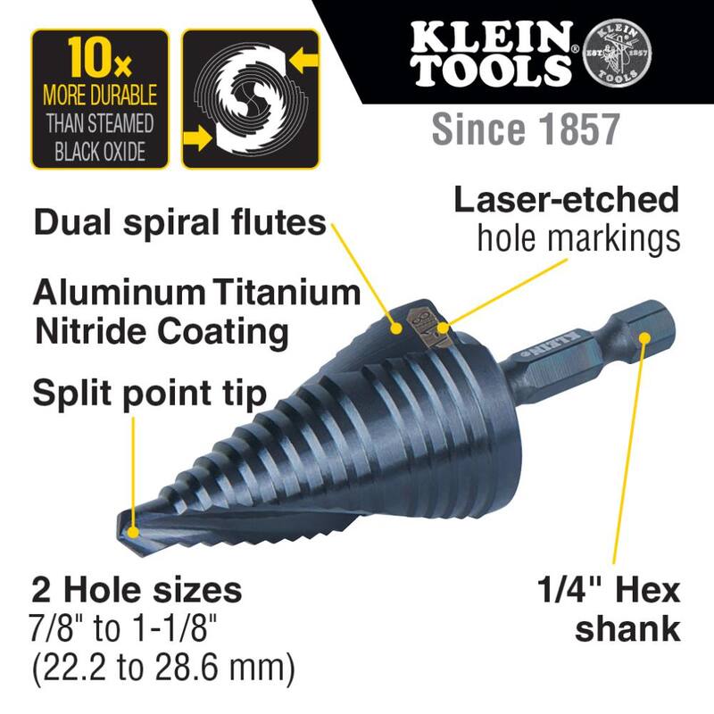 Broca escalonada Klein Tools, liberación rápida, espiral de flauta, 1-1/8 in. - QRST11
