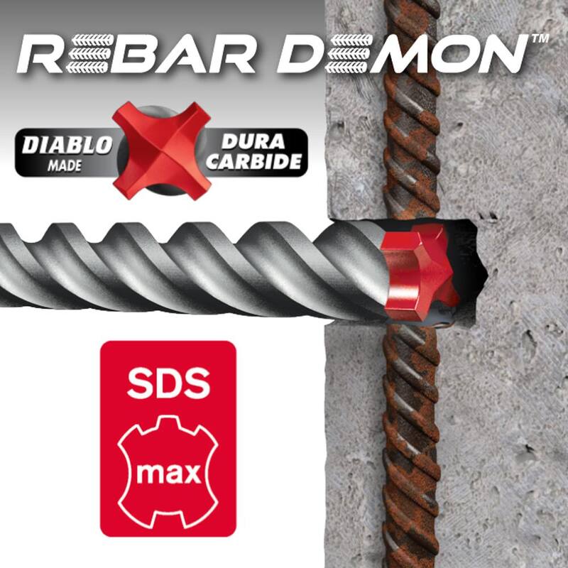 DIABLO 5/8 pulg. x 16 pulg. x 21 pulg. Barra de refuerzo Demon SDS-Max con cabeza de carburo completo y broca para martillo de 4 cortadores - DMAMX1100