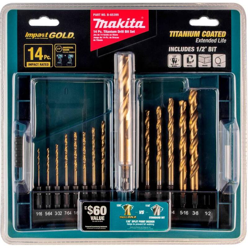 Juego de 14 piezas de brocas de titanio dorado para taladro de 1/4 de pulgada con mango hexagonal - B-65399 de Makita