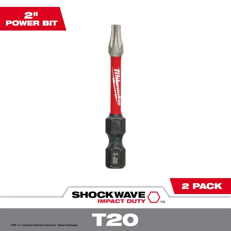 Milwaukee SHOCKWAVE Impact Duty 2 pulgadas T20 Torx Puntas de destornillador de acero aleado (paquete de 2) - 48-32-4984