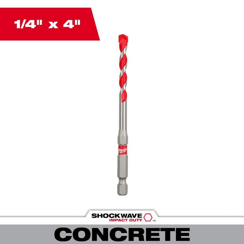 Broca de martillo de carburo SHOCKWAVE de Milwaukee de 1/4 de pulgada x 2 pulgadas x 4 pulgadas para concreto, piedra y perforación en albañilería - 48-20-9010