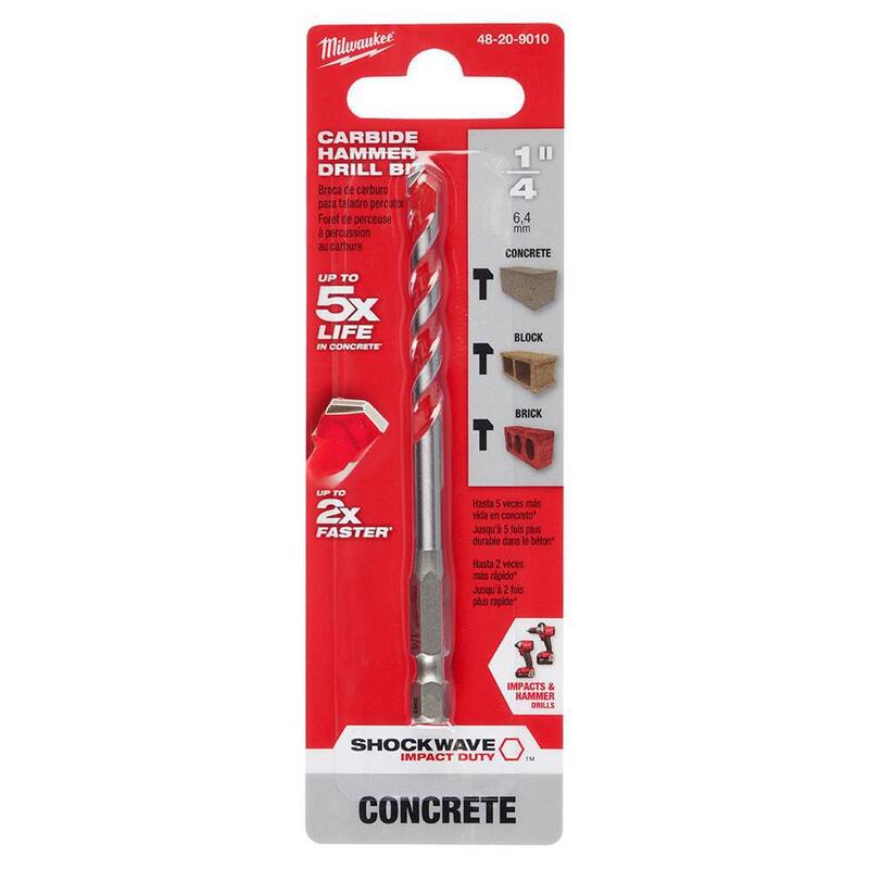 Broca de martillo de carburo SHOCKWAVE de Milwaukee de 1/4 de pulgada x 2 pulgadas x 4 pulgadas para concreto, piedra y perforación en albañilería - 48-20-9010