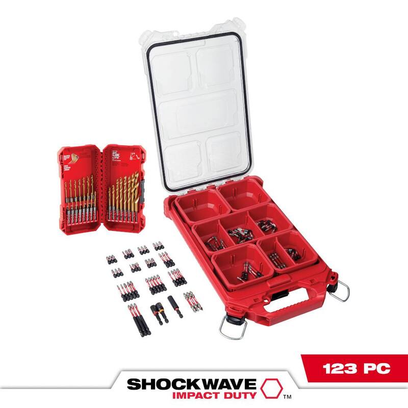 Milwaukee SHOCKWAVE Impact Duty Alloy Steel Juego de puntas de destornillador con estuche PACKOUT con Juego de brocas de titanio (123 piezas) - 48-32-4082-48-89-4631