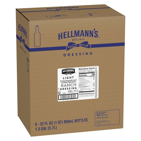 Hellmanns Light Ranch Salad Dressing Salad Bar Bottles 32 fl. oz., PK6 - 84120333
