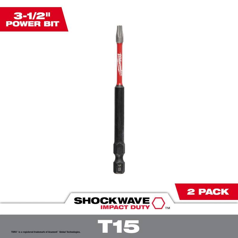 Milwaukee SHOCKWAVE Impact Duty 3-1/2 in. T15 Torx Alloy Steel Screw Driver Bit (Paquete de 2) - 48-32-4677