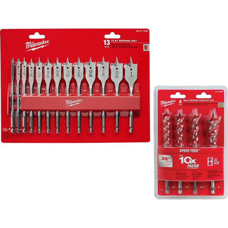 Conjunto de brocas de pala de alta velocidad para madera de Milwaukee con brocas de avellanado SPEED FEED para madera (17 piezas) - 48-27-1520-48-13-0400