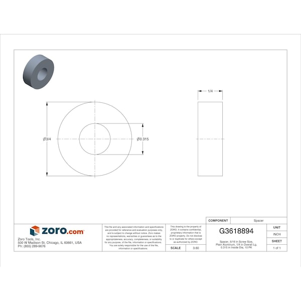 Zoro Select Spacer, 5/16 in Screw Size, Plain Aluminum, 1/4 in Overall Lg, 0.315 in Inside Dia, 10 PK - CRF120405GR