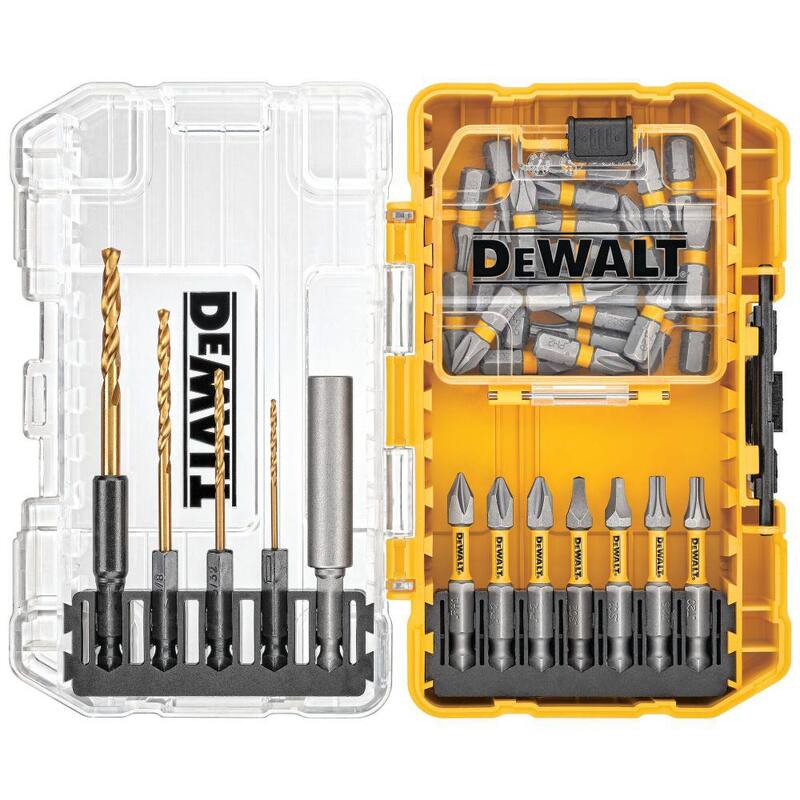 Juego de puntas para taladro y brocas de óxido negro DEWALT con adaptador de ángulo recto y estuche resistente (40 piezas) - DWAC40SETRA