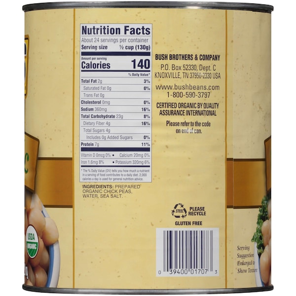 Bushs Best Bush's Best 100% Organic Garbanzo Beans No 10 Can, PK6 - 01707