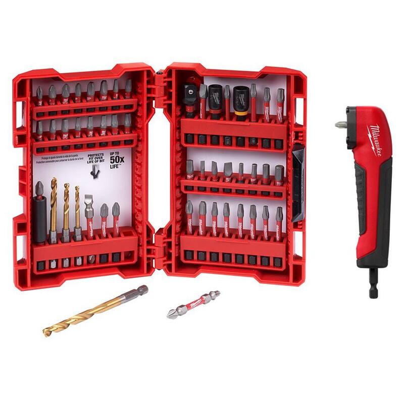 Juego de puntas de acero de aleación para desarmador de impacto Milwaukee SHOCKWAVE (50 piezas) con adaptador de taladro de ángulo recto - 48-32-4024-48-32-2390