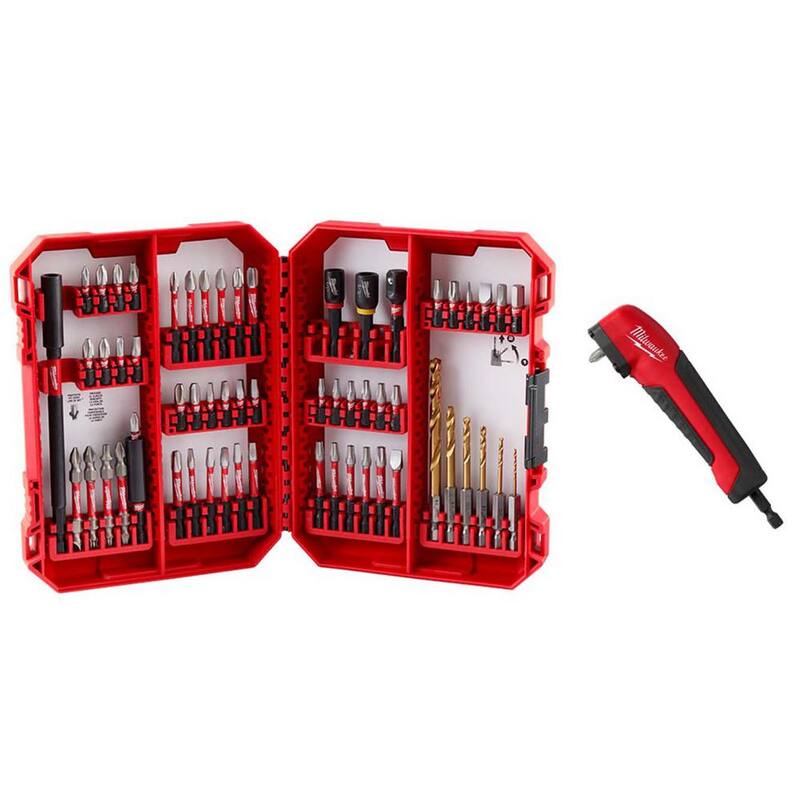 Set de 60 piezas de puntas de destornillador de aleación de acero para impacto SHOCKWAVE de Milwaukee y Adaptador para taladro en ángulo recto Impact Duty SHOCKWAVE - 48-32-4097-48-32-2390.