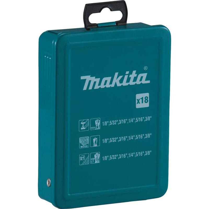 Set de brocas surtidas Makita para metal, madera y albañilería con mango recto (18 piezas) con estuche metálico - D-59178