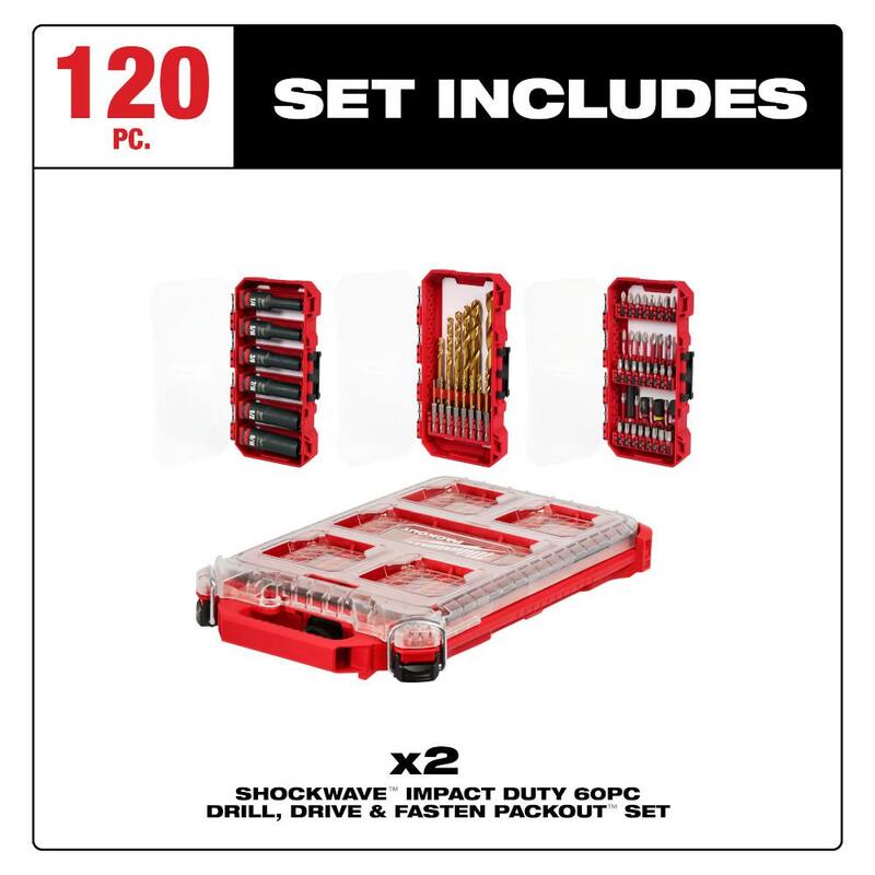 Juego de puntas de destornillador de acero de aleación Milwaukee SHOCKWAVE Impact Duty con (2) estuches PACKOUT (120 piezas) - 48-32-5162-48-32-5162