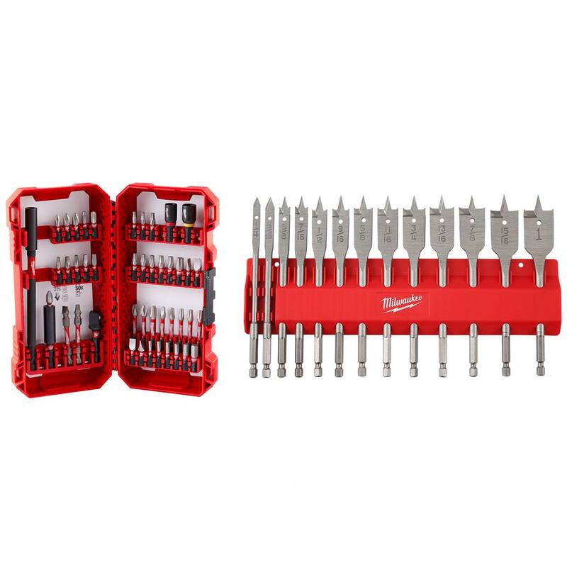 Juego de puntas de desarmador de acero aleado de impacto SHOCKWAVE de Milwaukee con juego de brocas para madera de alta velocidad Spade (58 piezas) - 48-32-4023-48-27-1520