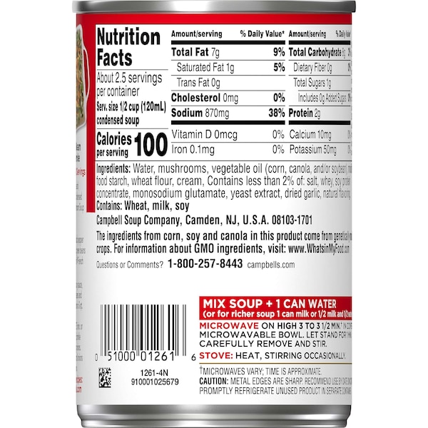 Campbells Condensed Soup Red & White Cream Of Mushroom Soup 10.5 oz., PK48 - 000001261